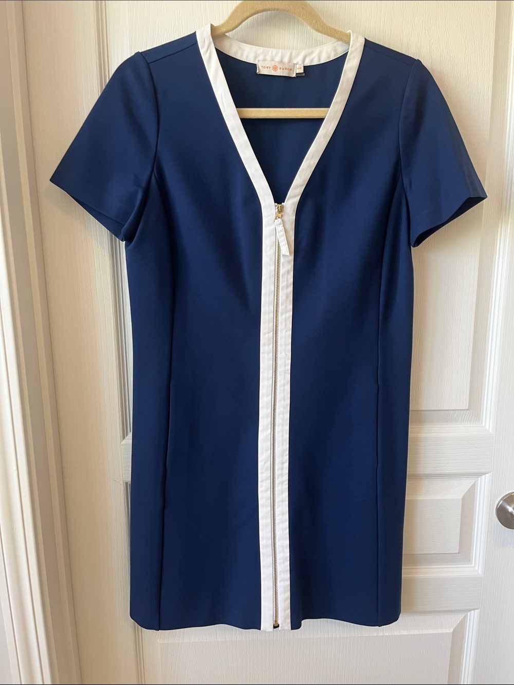 Tory Burch Navy Mini Dress with White Zip Trim Medium